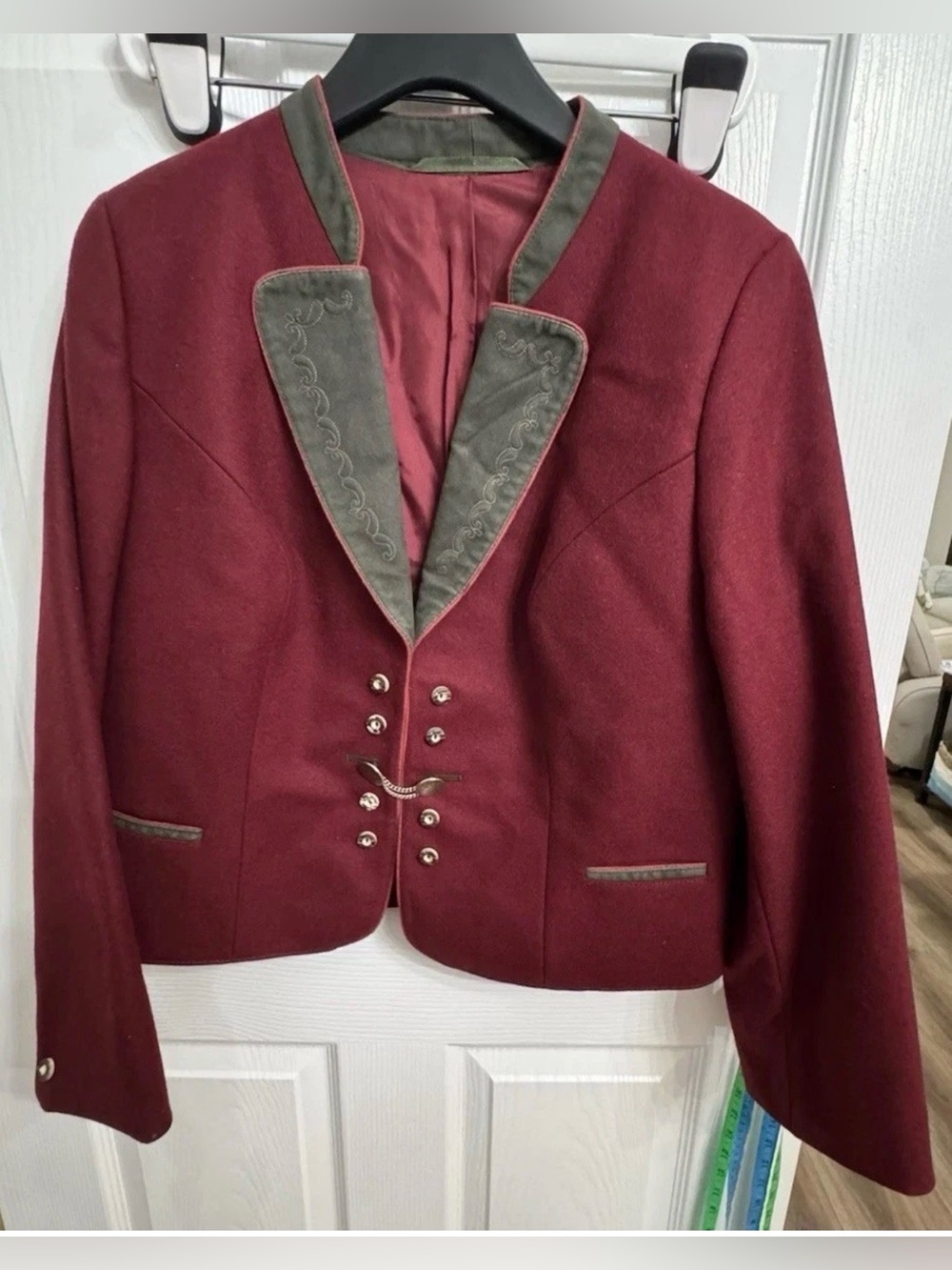 Vintage Austrian Trachten Jacket Janker Boiled Wool Green Velvet Alpine Coat 48